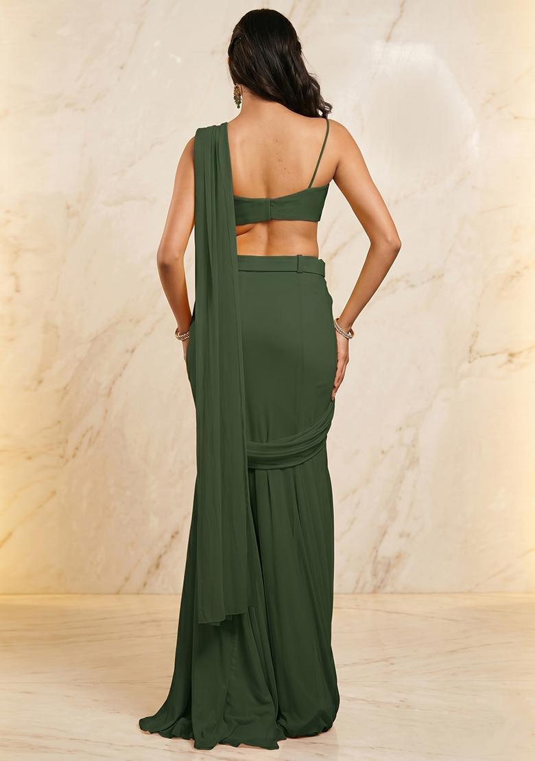 Olive Green Handwork Pre Draped Saree Set - Indya