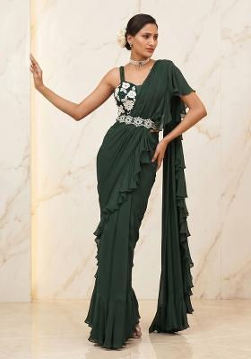 Bottle Green Handwork Pre Draped Saree Set