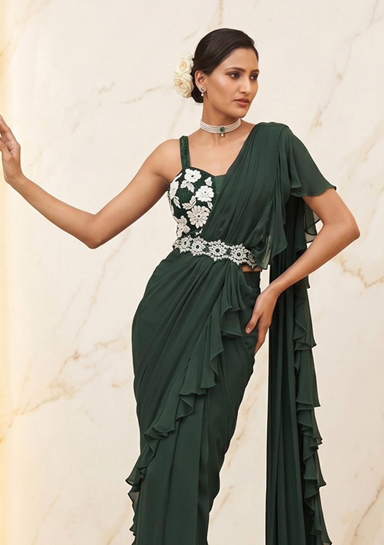Bottle Green Handwork Pre Draped Saree Set - Indya