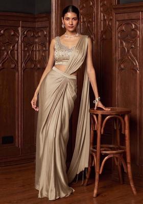 Beige Handwork Pre Draped Saree Set