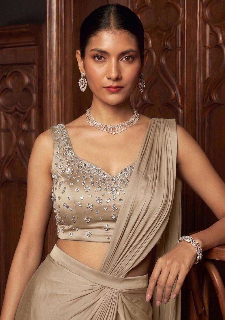 Beige Handwork Pre Draped Saree Set - Indya