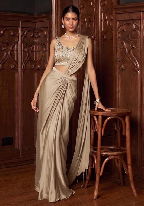 Beige Handwork Pre Draped Saree Set