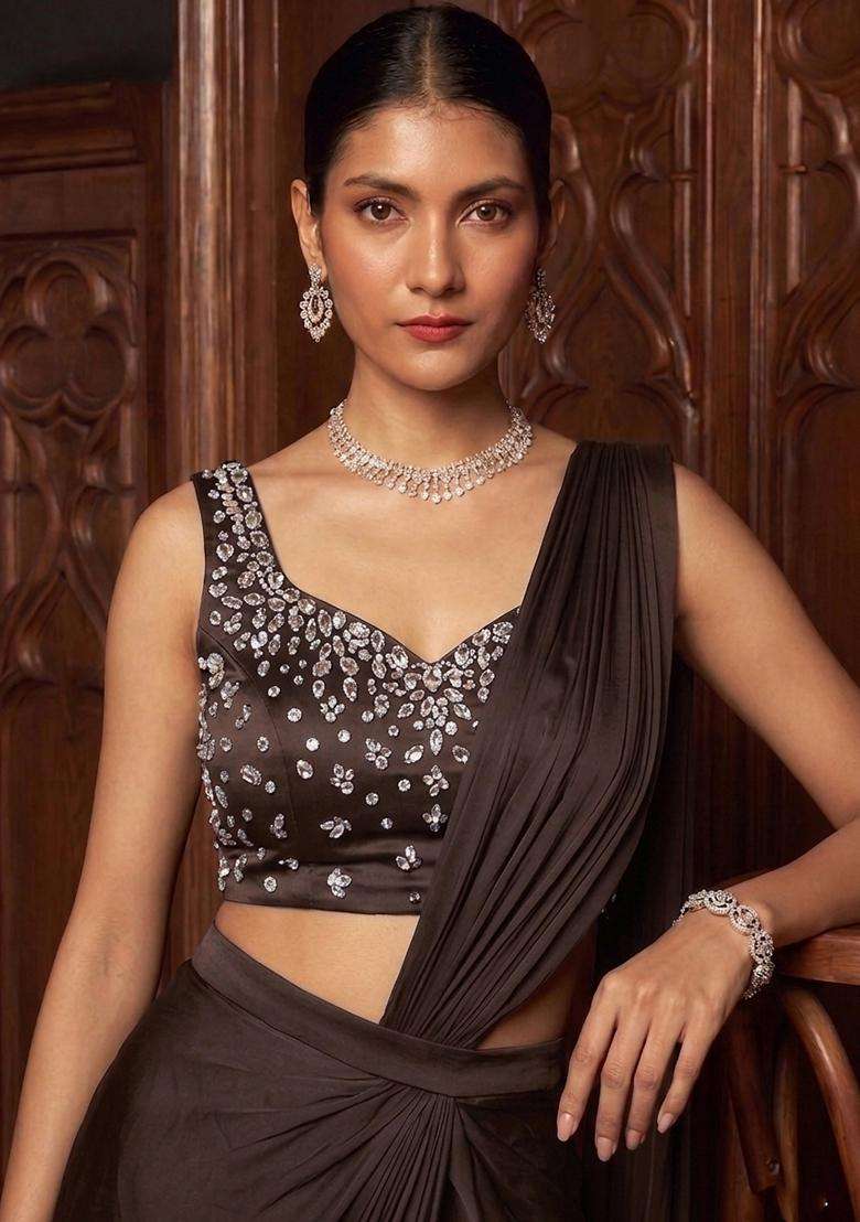 Dark Brown Handwork Pre Draped Saree Set - Indya
