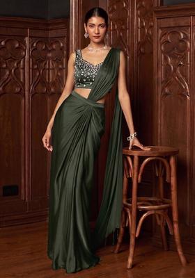 Dark Olive Handwork Pre Draped Saree Set