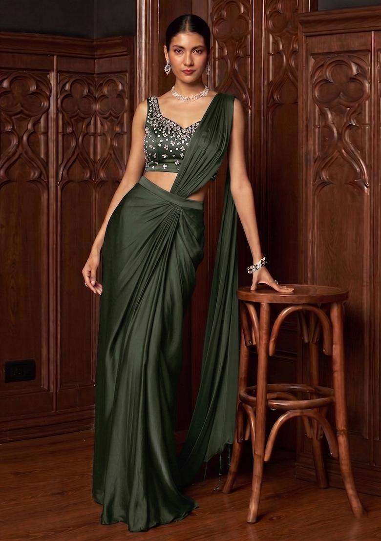 Dark Olive Handwork Pre Draped Saree Set - Indya