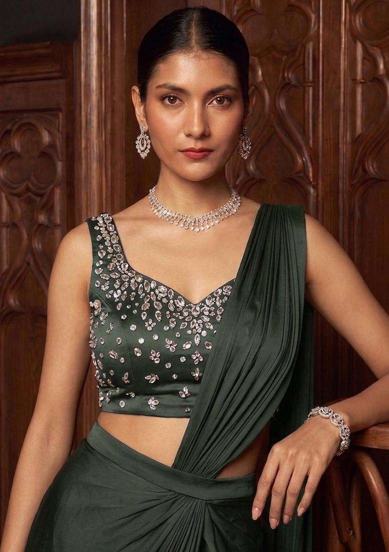Dark Olive Handwork Pre Draped Saree Set - Indya