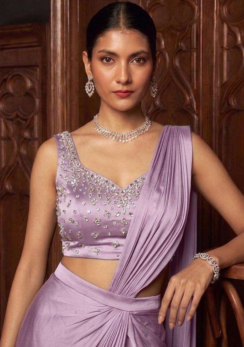 Light Lilac Handwork Pre Draped Saree Set - Indya