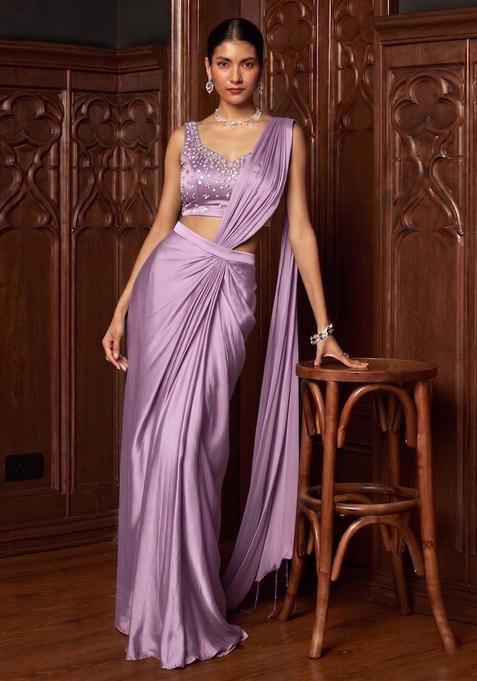 Light Lilac Handwork Pre Draped Saree Set