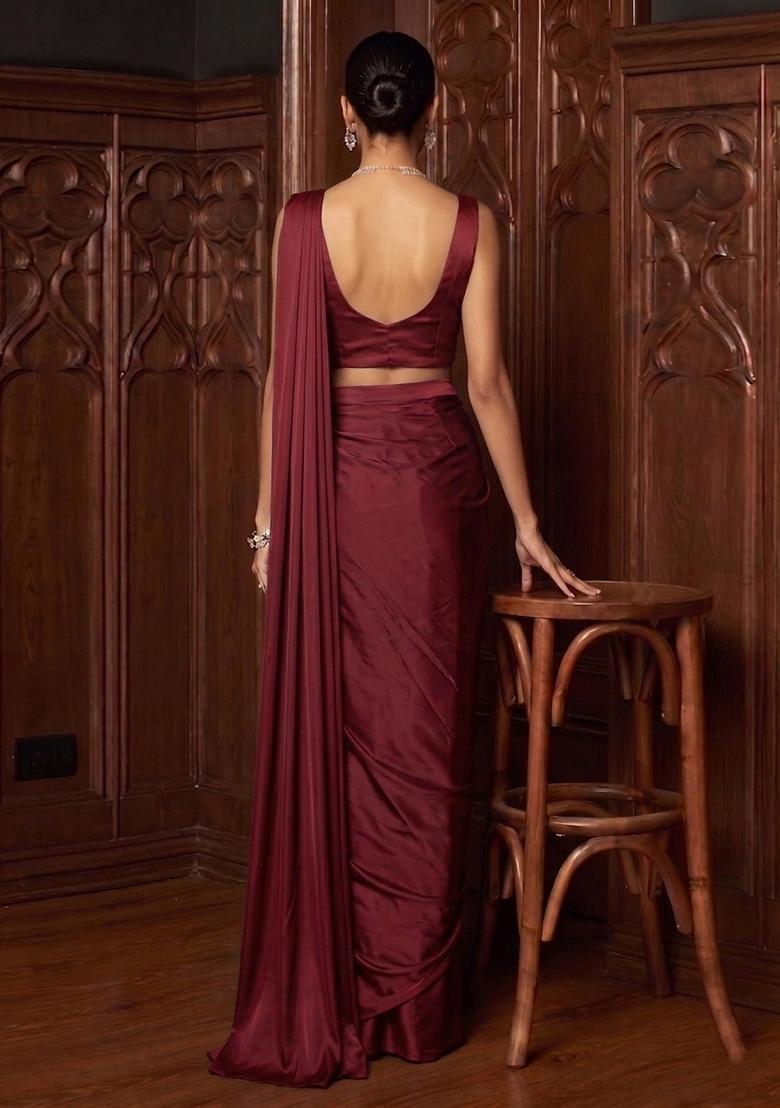Maroon Handwork Pre Draped Saree Set - Indya