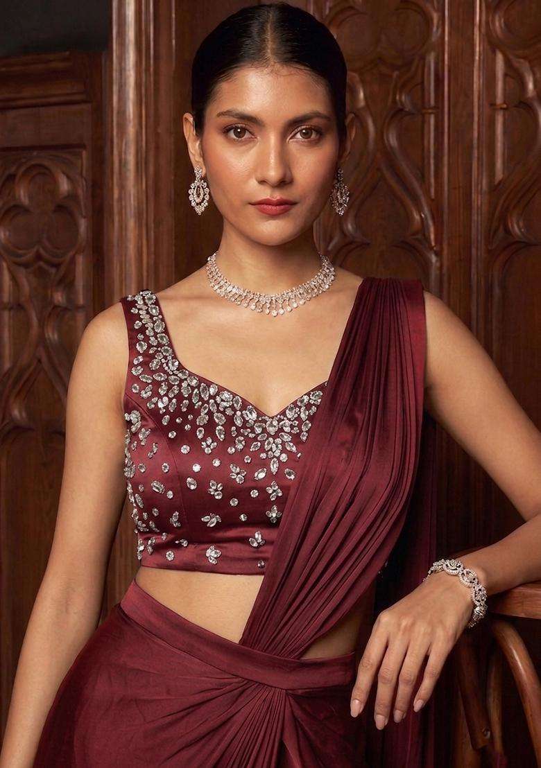 Maroon Handwork Pre Draped Saree Set - Indya