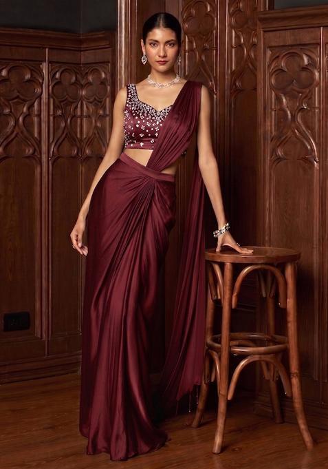 Maroon Handwork Pre Draped Saree Set