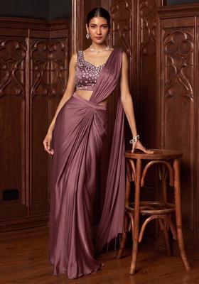 Mauve Handwork Pre Draped Saree Set