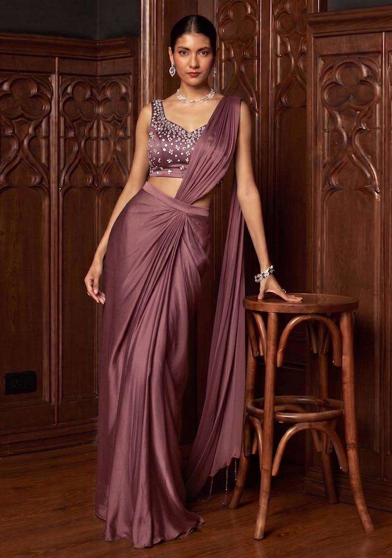 Mauve Handwork Pre Draped Saree Set - Indya