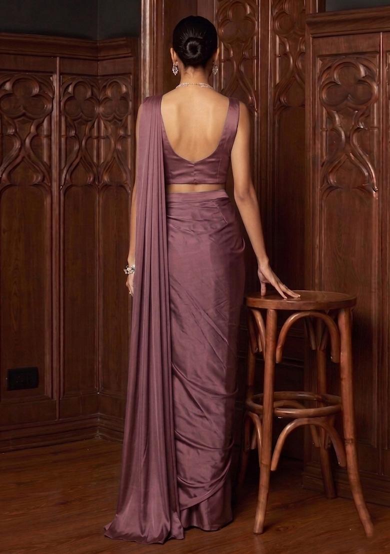 Mauve Handwork Pre Draped Saree Set - Indya