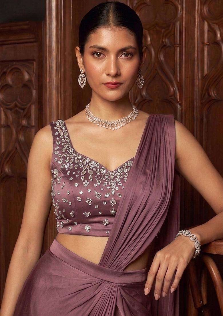 Mauve Handwork Pre Draped Saree Set - Indya