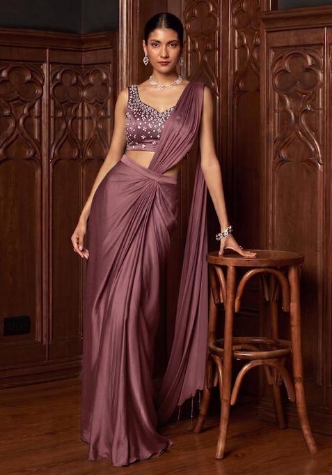 Mauve Handwork Pre Draped Saree Set