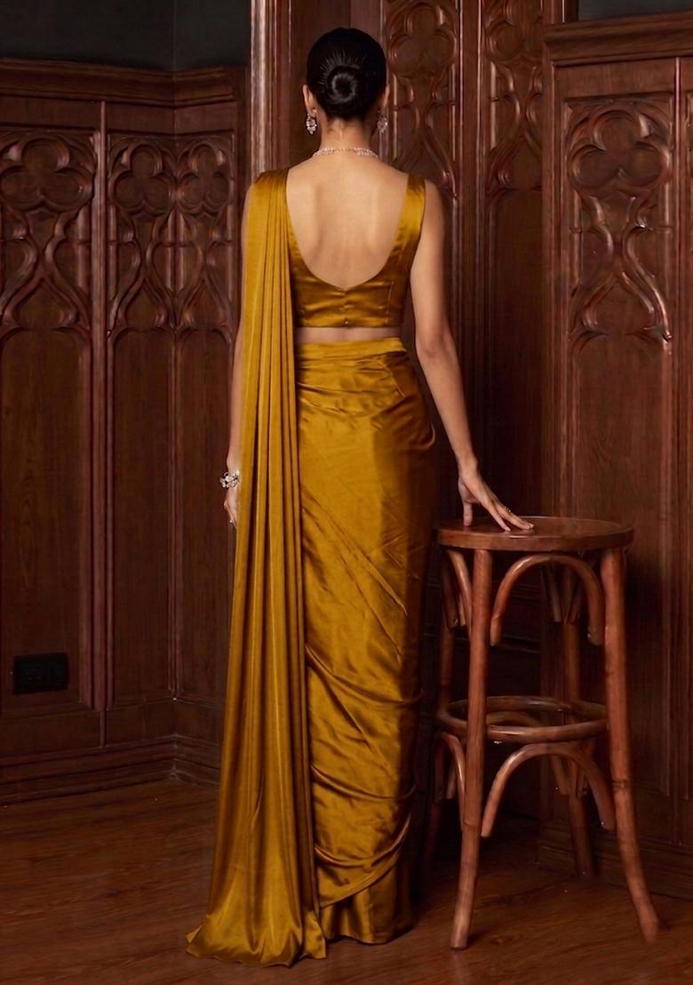 Mustard Yellow Handwork Pre Draped Saree Set - Indya