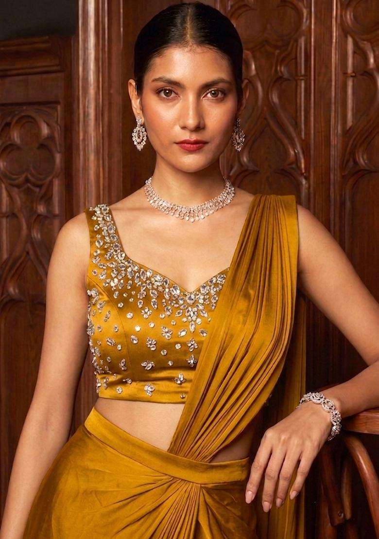 Mustard Yellow Handwork Pre Draped Saree Set - Indya