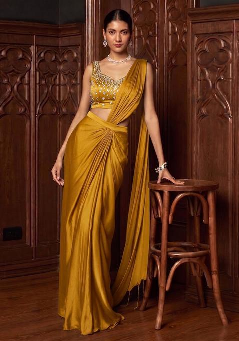 Mustard Yellow Handwork Pre Draped Saree Set