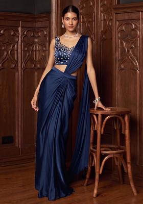 Navy Blue Handwork Pre Draped Saree Set