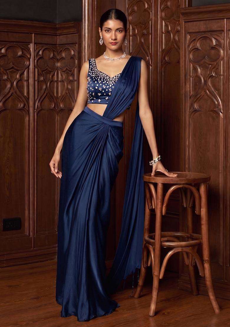 Navy Blue Handwork Pre Draped Saree Set - Indya