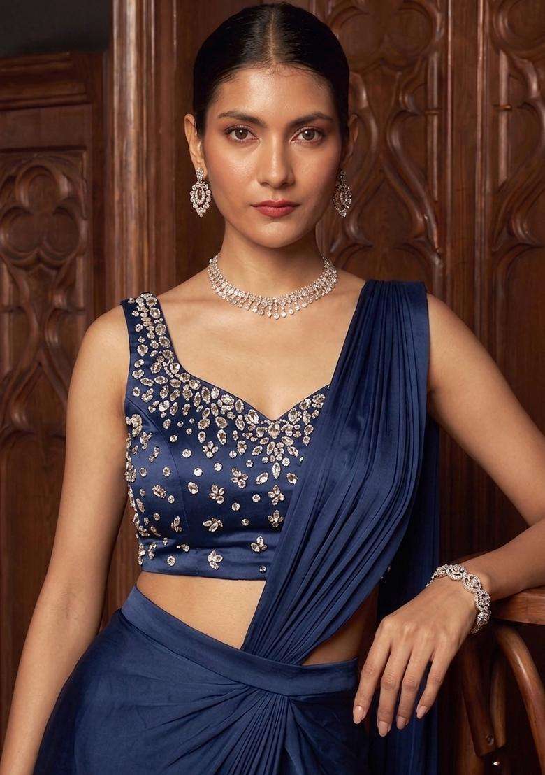 Navy Blue Handwork Pre Draped Saree Set - Indya