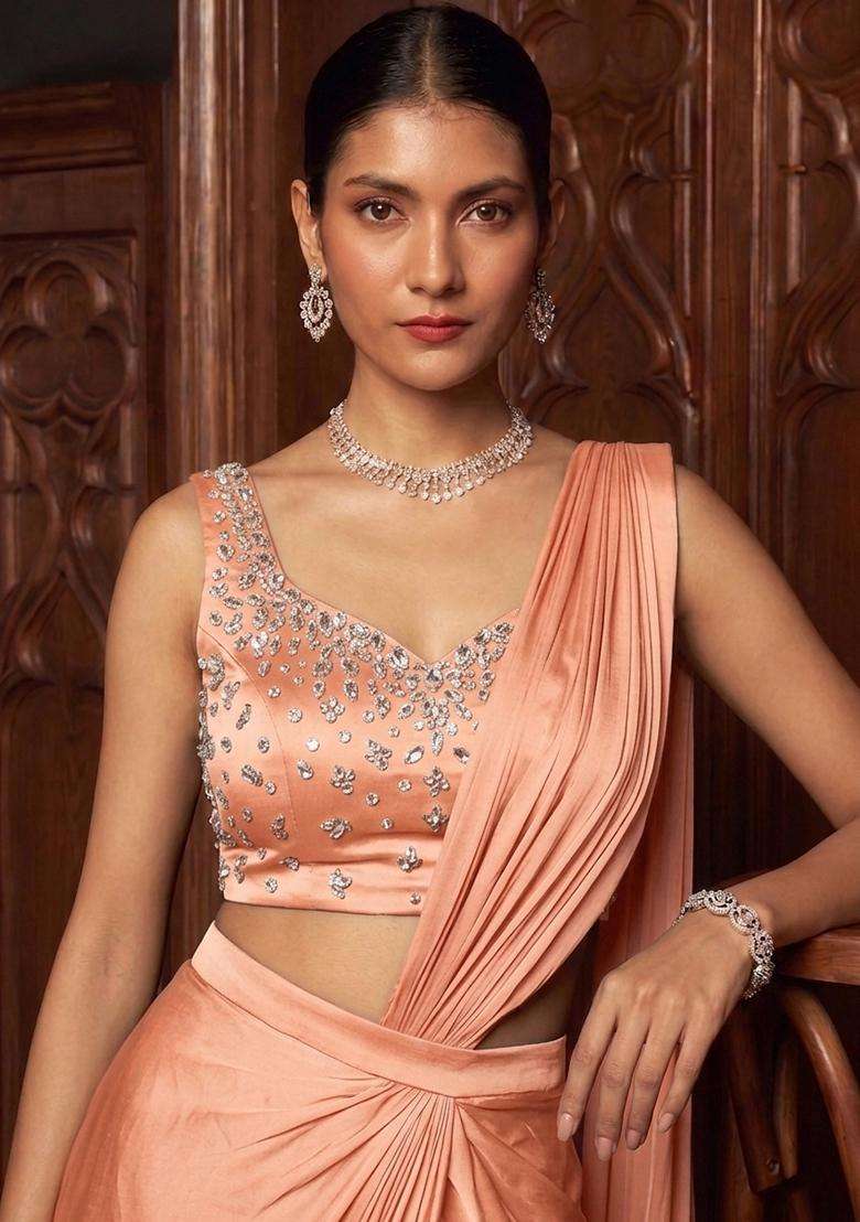 Peach Handwork Pre Draped Saree Set - Indya