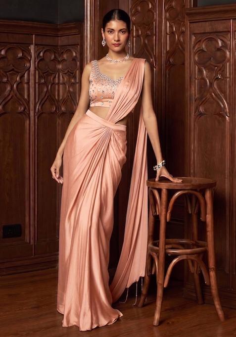 Peach Handwork Pre Draped Saree Set