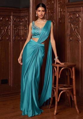 Turquoise Handwork Pre Draped Saree Set
