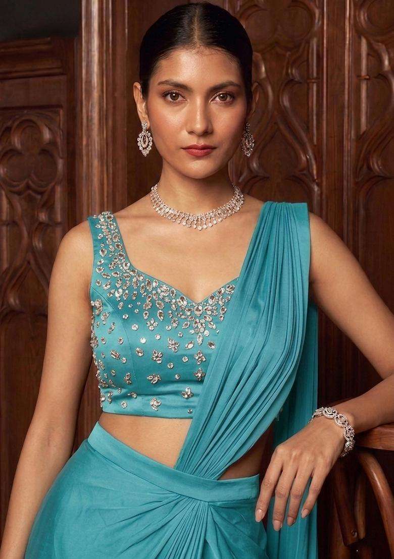 Turquoise Handwork Pre Draped Saree Set - Indya