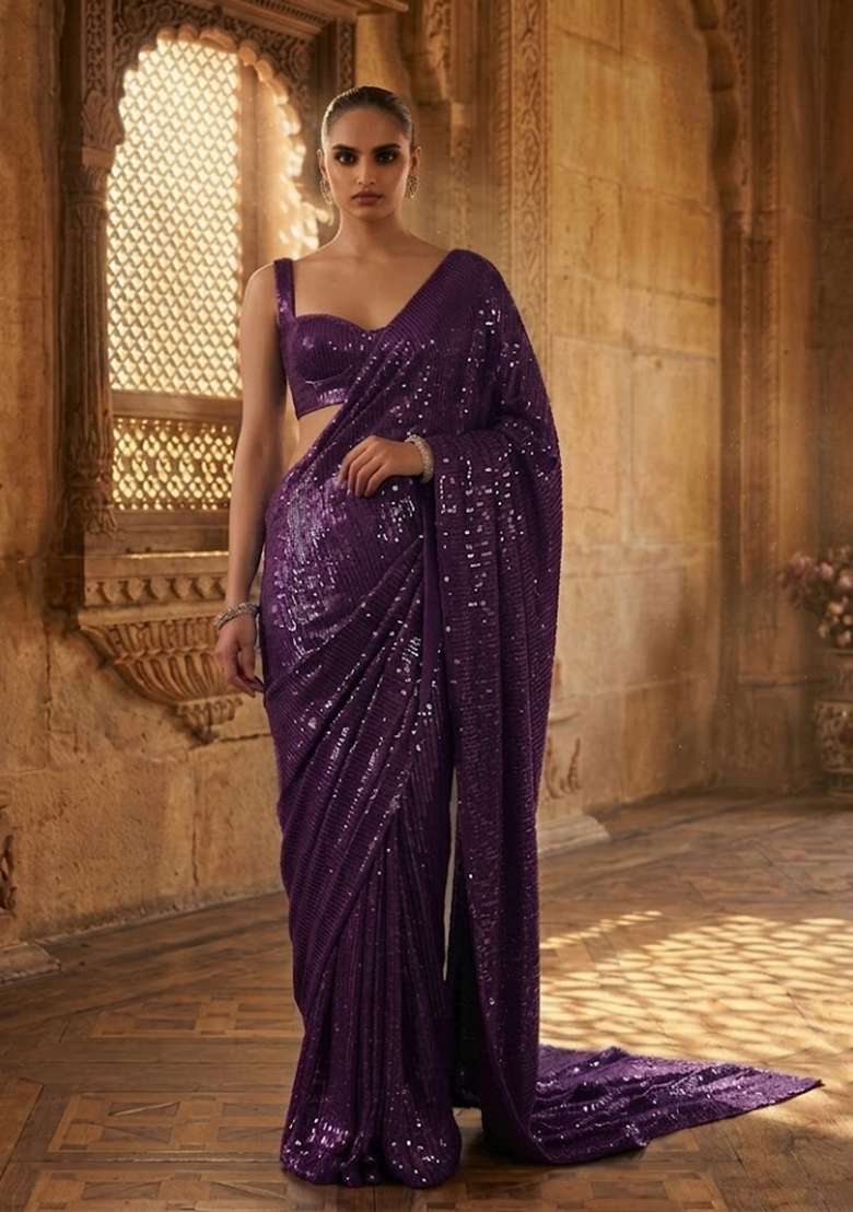 Deep Wine Sequin Pre Draped Saree Set - Indya