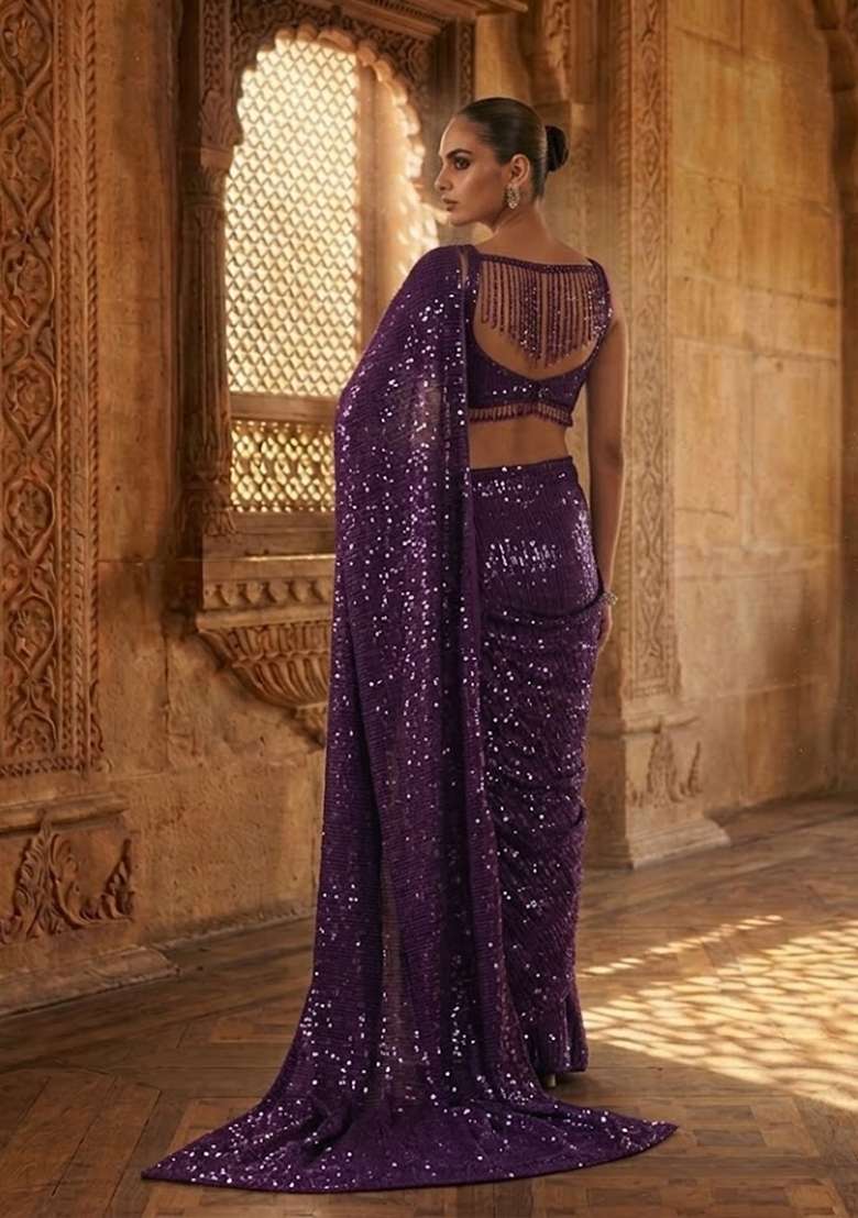 Deep Wine Sequin Pre Draped Saree Set - Indya