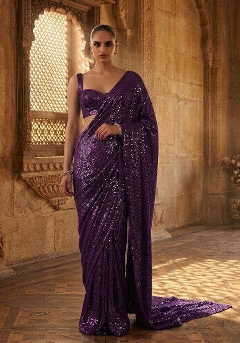 Deep Wine Sequin Pre Draped Saree Set