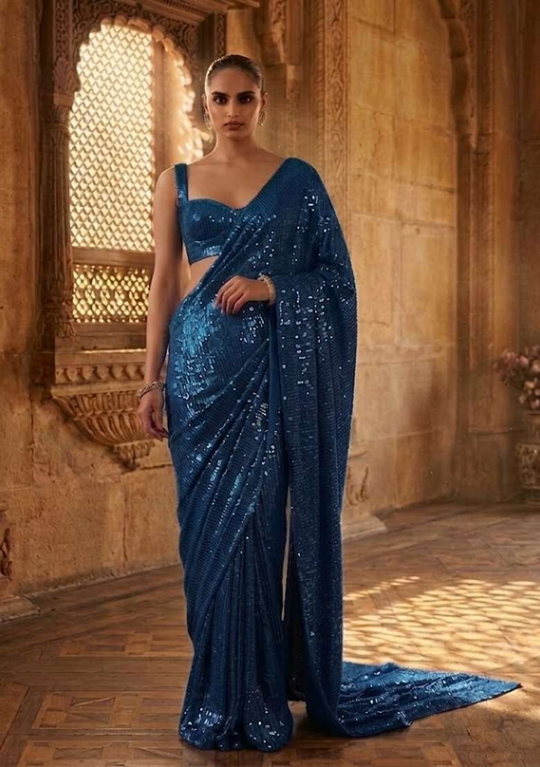 Teal Blue Sequin Pre Draped Saree Set - Indya