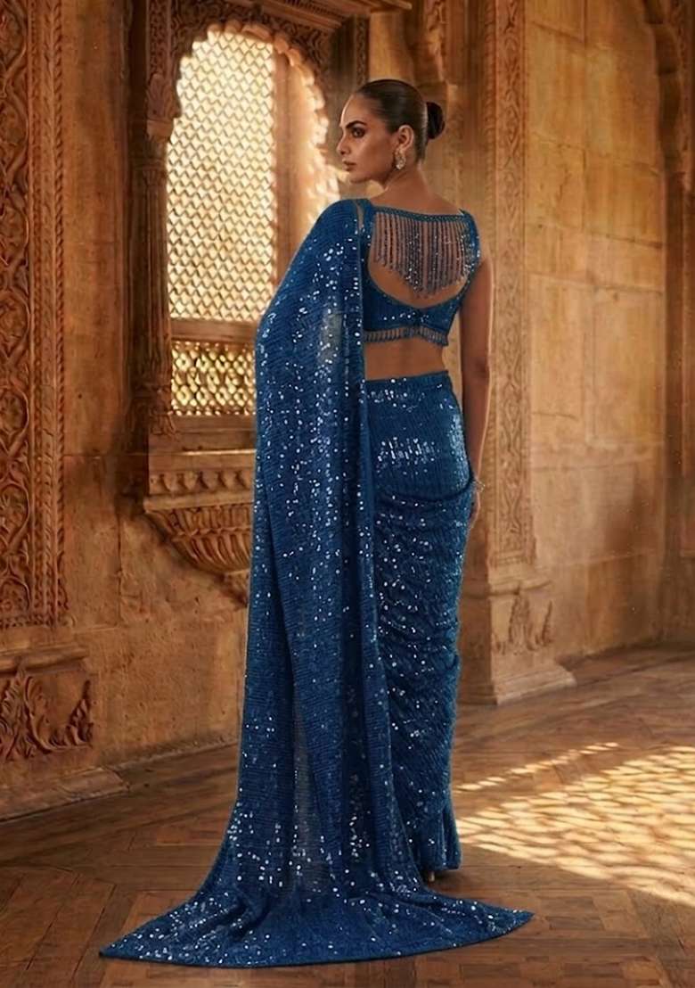 Teal Blue Sequin Pre Draped Saree Set - Indya