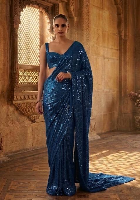 Teal Blue Sequin Pre Draped Saree Set