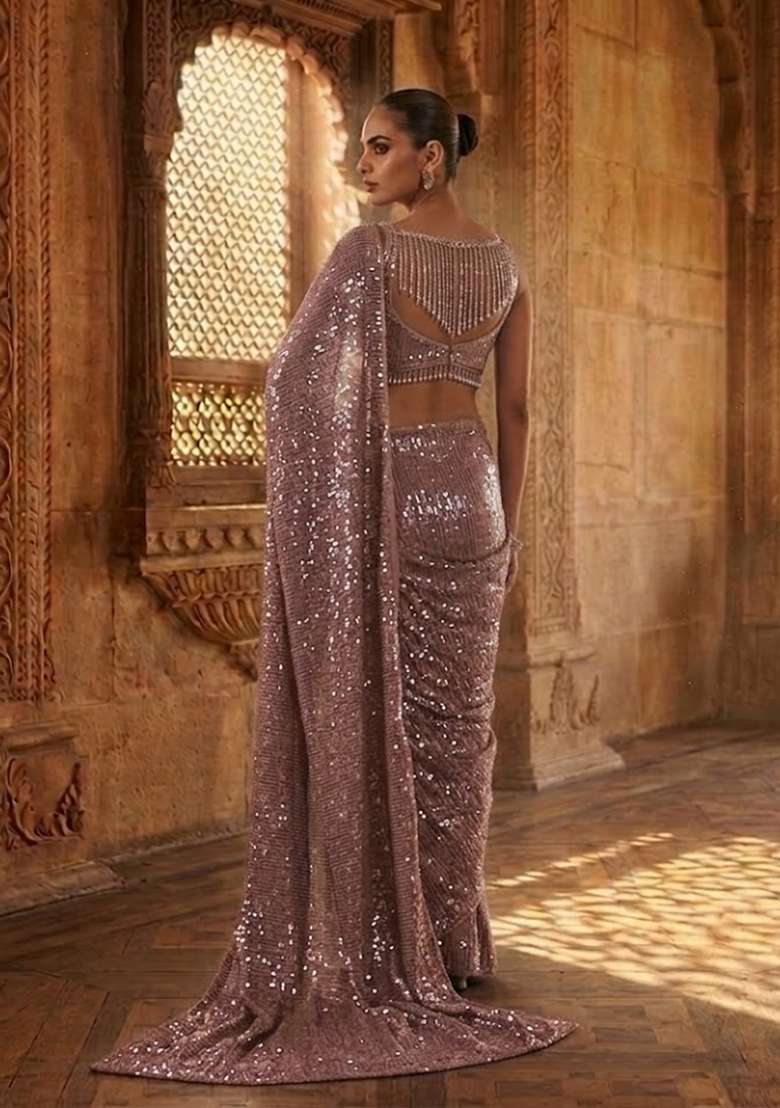 Dusty Pink Sequin Pre Draped Saree Set - Indya