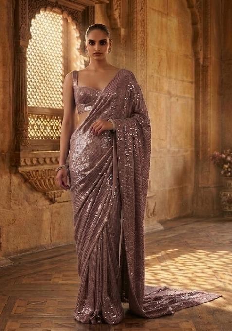 Light Pink Sequin Pre Draped Saree Set