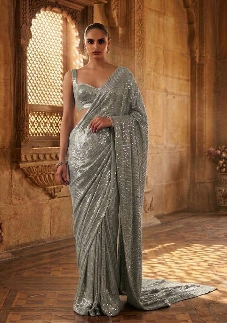 Silver Sequin Pre Draped Saree Set - Indya