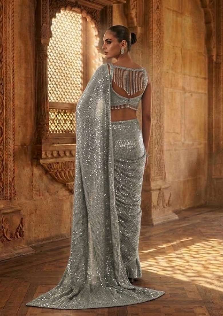Silver Sequin Pre Draped Saree Set - Indya