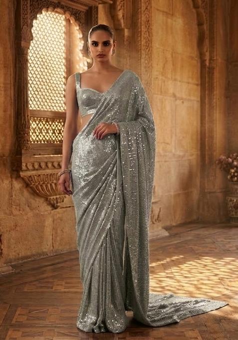 Silver Sequin Pre Draped Saree Set