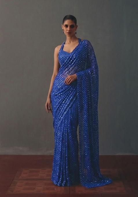 Cobalt Blue Sequin Pre Draped Saree Set