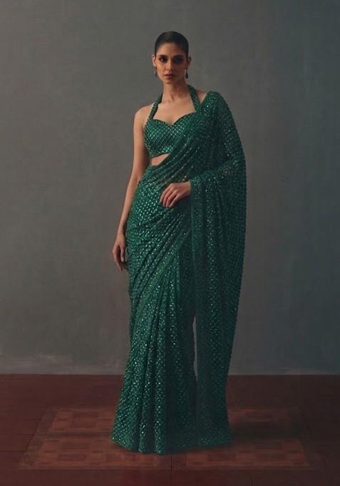 Dark Green Sequin Pre Draped Saree Set