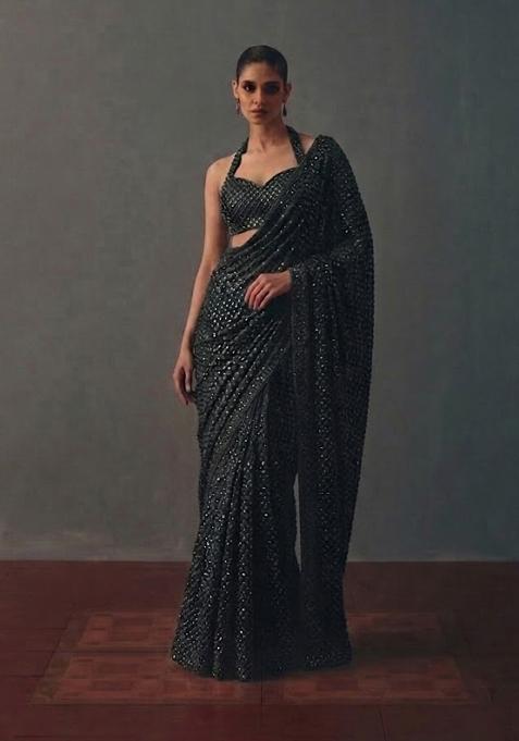 Black Sequin Pre Draped Saree Set