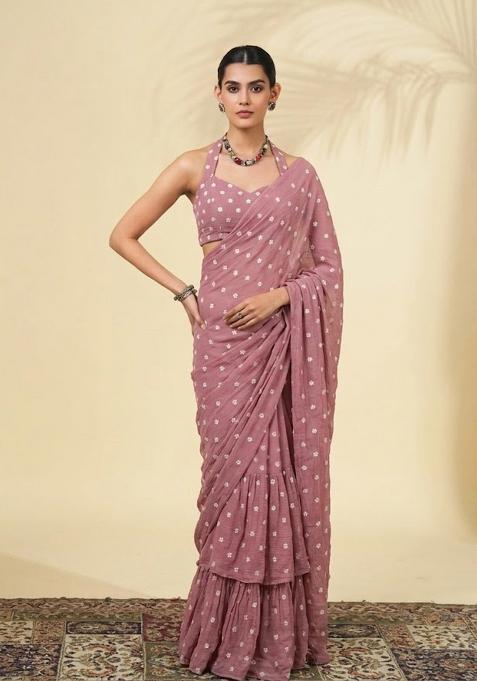 Dusty Pink Embroidered Chanderi Pre Draped Saree Set