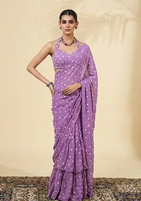 Light Purple Embroidered Chanderi Pre Draped Saree Set