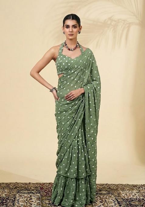 Green Embroidered Chanderi Pre Draped Saree Set