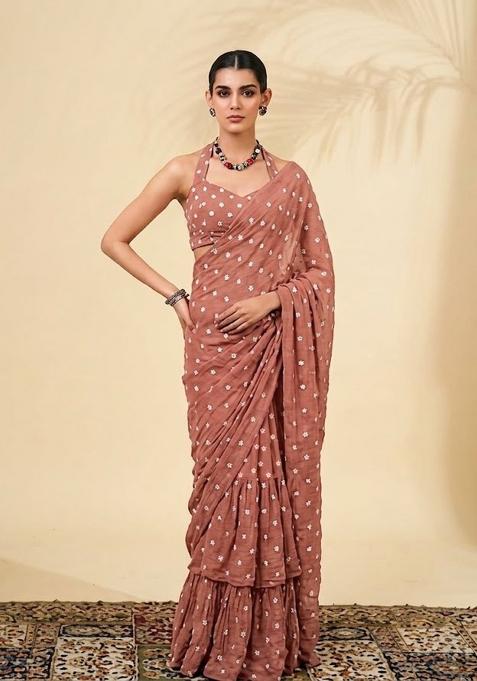 Muted Coral Embroidered Chanderi Pre Draped Saree Set
