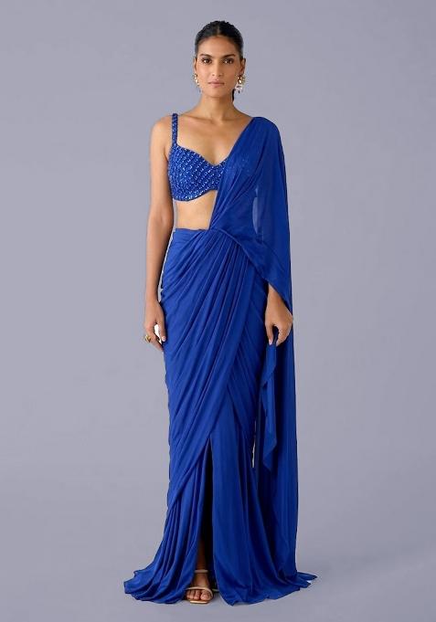 Dark Blue Sequin Pre Draped Saree Set