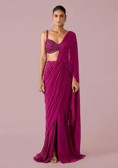 Magenta Pink Embellished Pre Draped Saree Set
